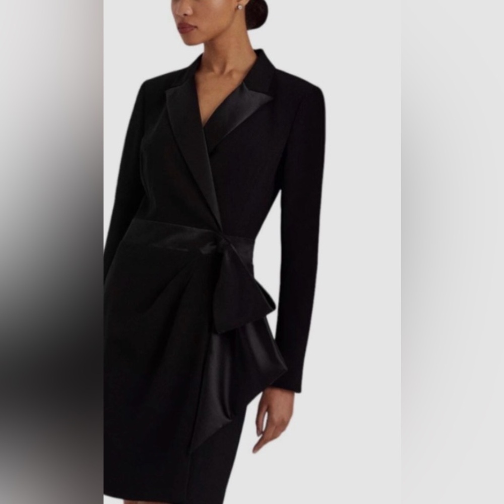 NWT Lauren Ralph Lauren Black Label Satin Collar Faux Wrap Tuxedo Dress Size 10 - Picture 2 of 5